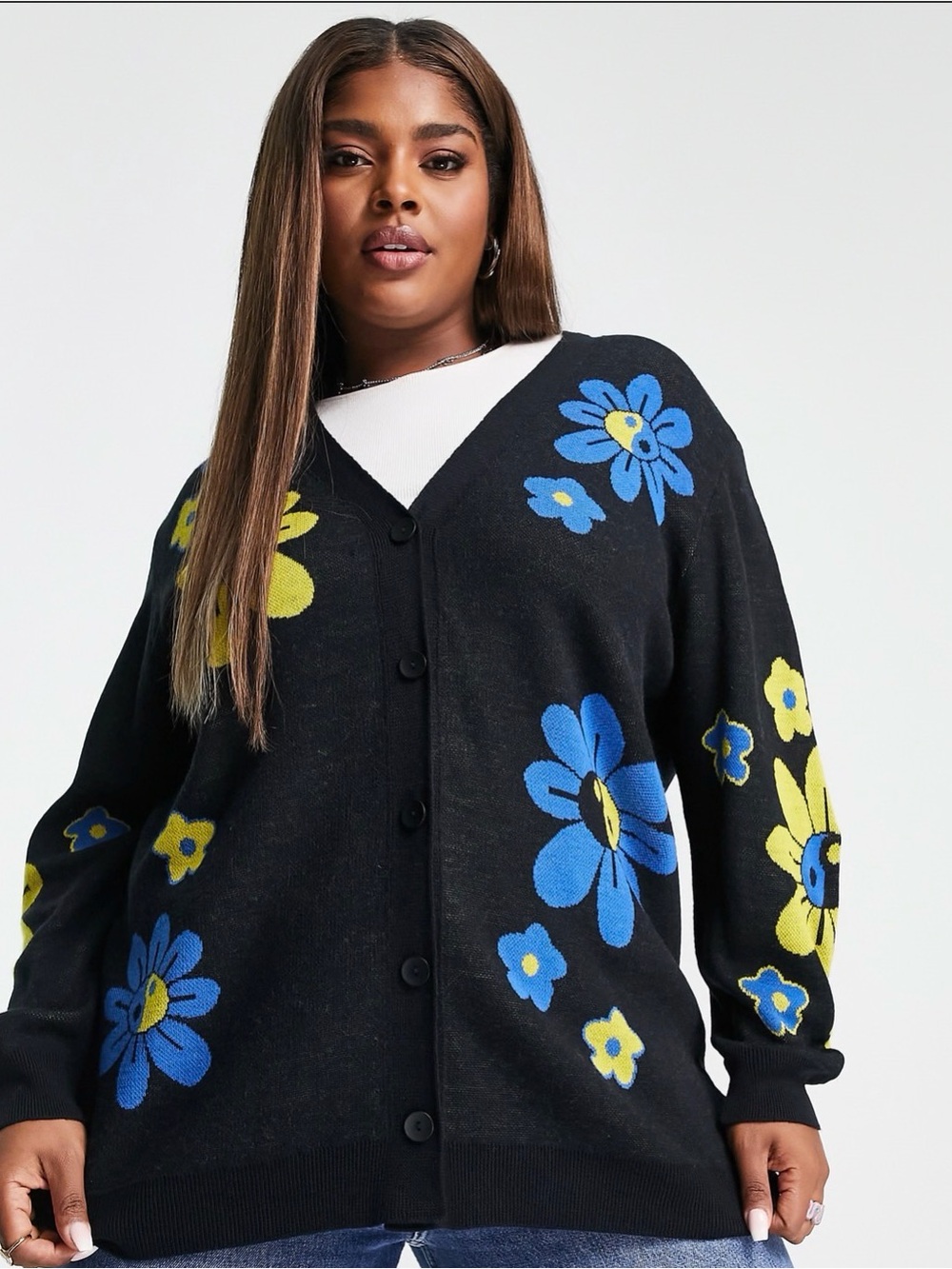 ASOS Curve Black Button Floral Cardigan with Blue & Yellow Blooms